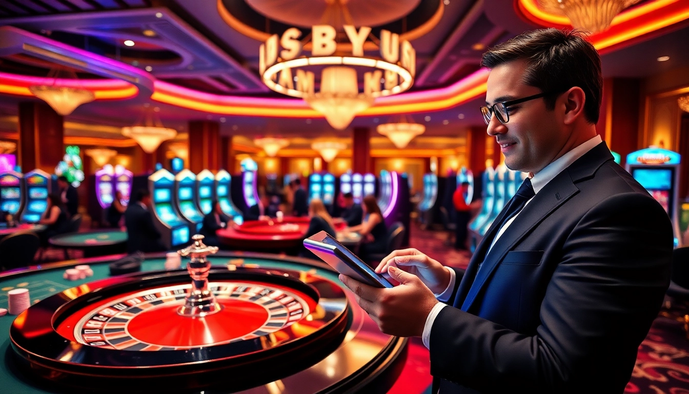 Experience the excitement of đăng nhập 888b at a luxury casino setting with vibrant gaming tables.