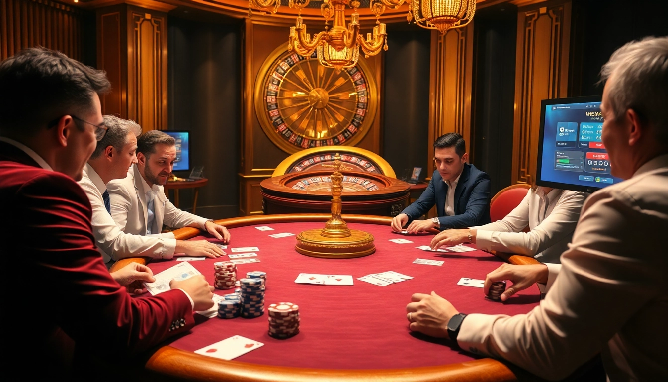 Des joueurs enthousiastes dans le meilleur casino crypto, célébrant des victoires autour d'une table de poker luxueuse avec des jetons et des cartes.