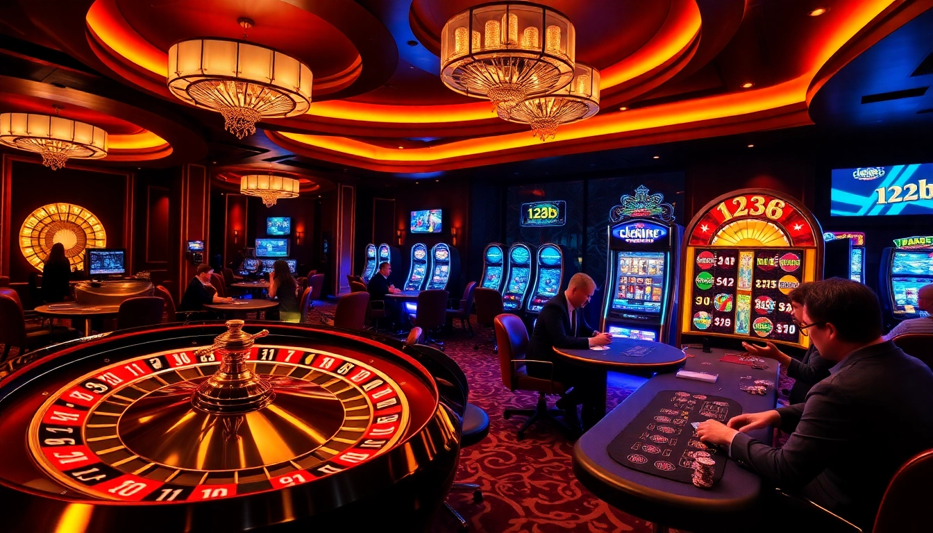Players enjoying high-stakes games at 123b casino, surrounded by vibrant slot machines and roulette wheels.