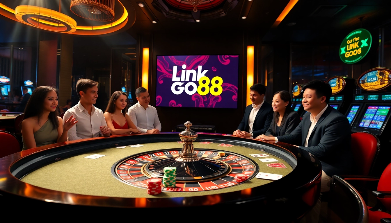 Engaging gamblers at a casino table featuring Link Go88, exciting ambiance with poker and roulette.