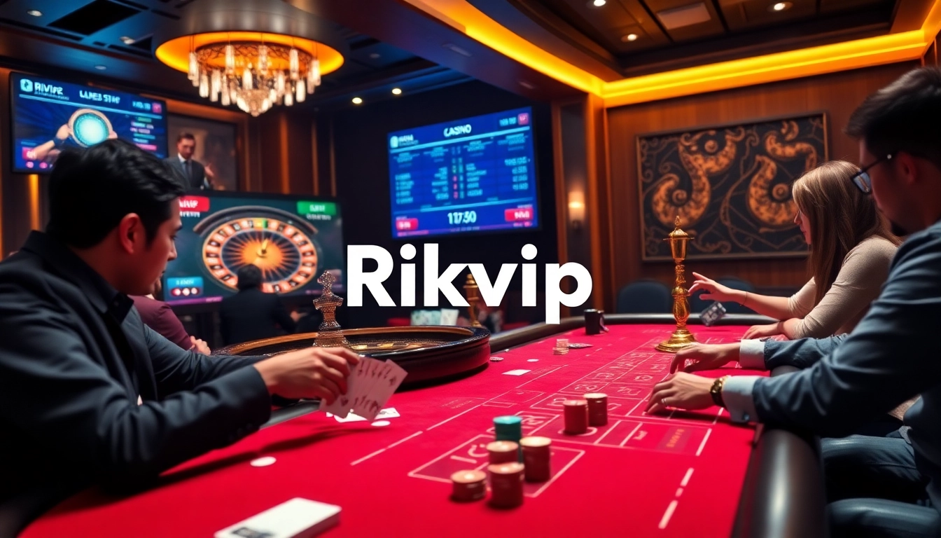 Players enjoying an upscale gambling experience at Rikvip casino tables with vibrant chips and cards.