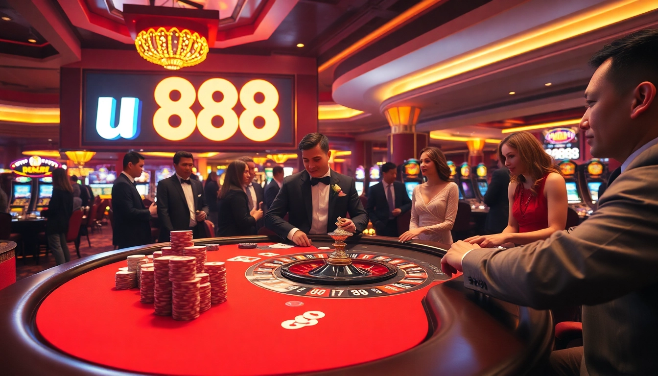 Experience the excitement of gambling at u 888's vibrant casino with players around a poker table.