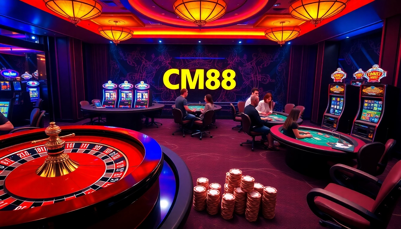 Engaging CM88 casino scene with players at roulette and poker tables, vibrant and luxurious atmosphere.