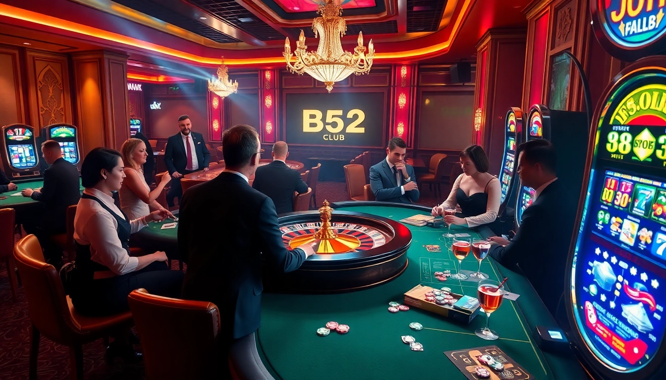Gamblers enjoying a thrilling moment at the B52club casino, featuring poker and roulette.