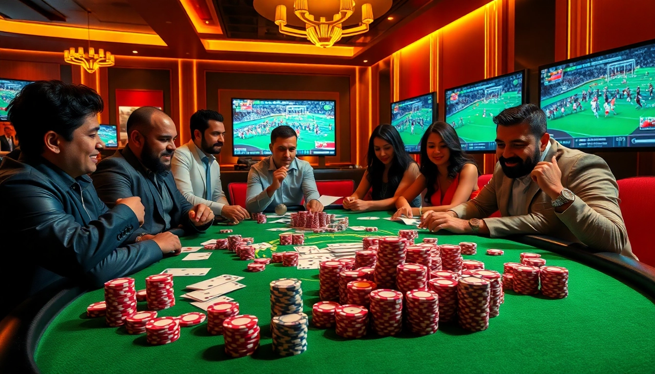 Gamblers excitedly using a site paris sportif retrait instantané for instant payouts amid modern casino elements.