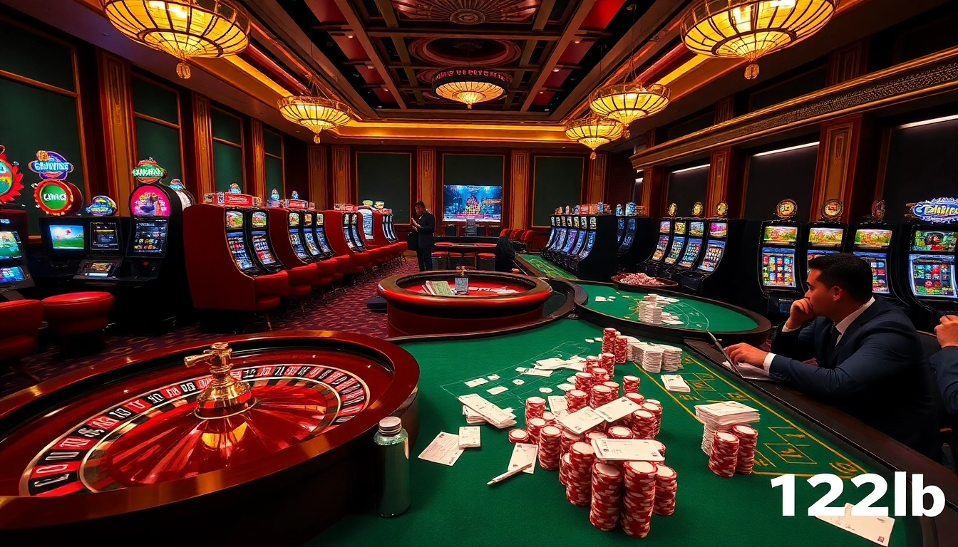 Exciting casino scene showcasing 123b players engaging with vibrant slot machines and poker tables.