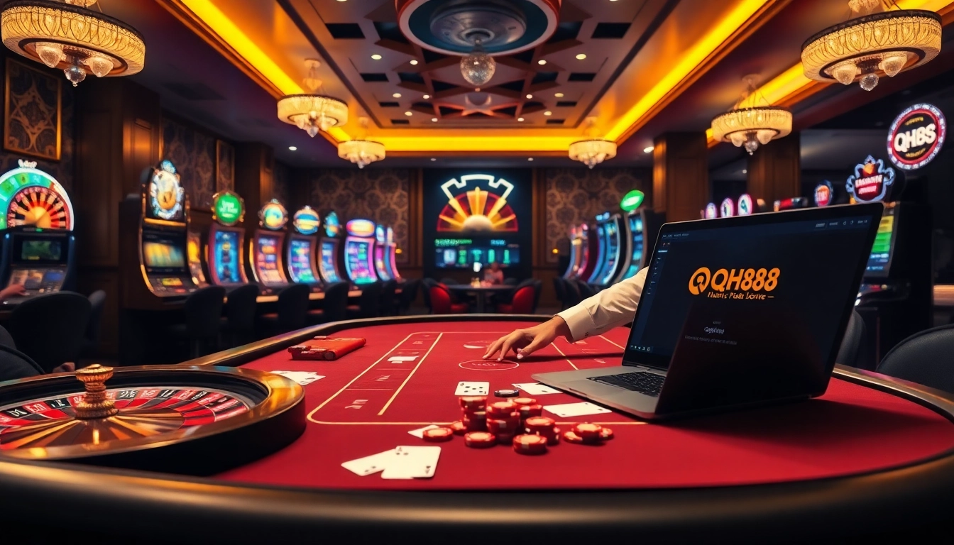 High-stakes poker action at a luxurious QH88 casino with vibrant atmosphere and professional dealers.