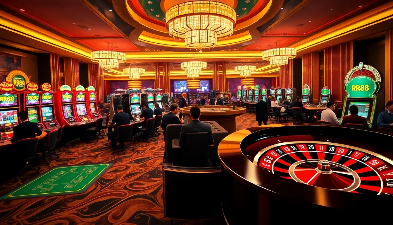 Exciting RR88 online gaming experience with vibrant casino tables and slot machines.