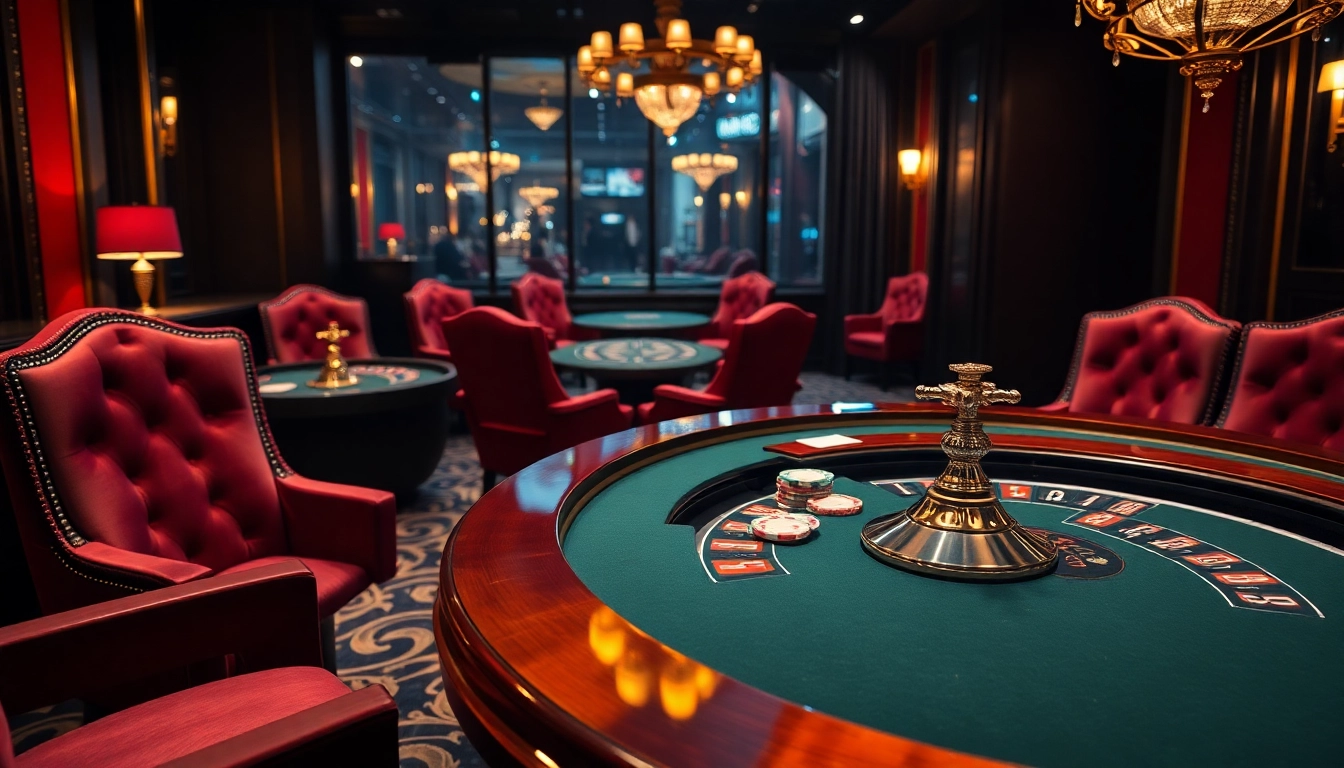A thrilling scene of roulette and poker at https://s804.com/, showcasing vibrant chips and a luxurious casino setting.