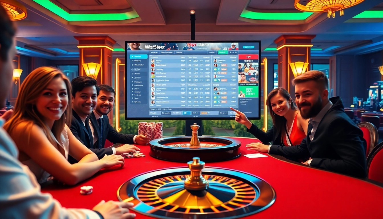 Enthusiastic gamblers enjoying the experience of site paris sportif retrait instantané in a luxurious casino.