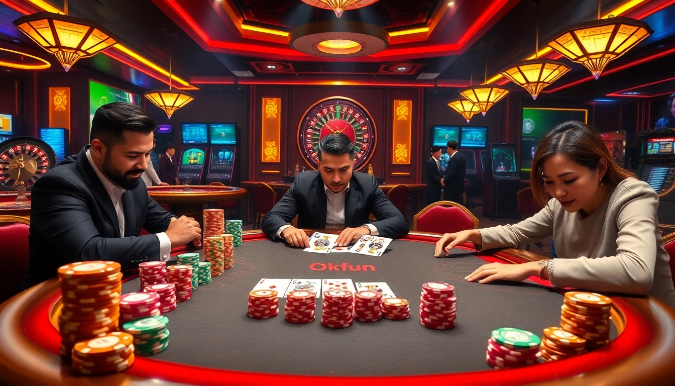 High-stakes poker game at Okfun casino with vibrant atmosphere and colorful chips.