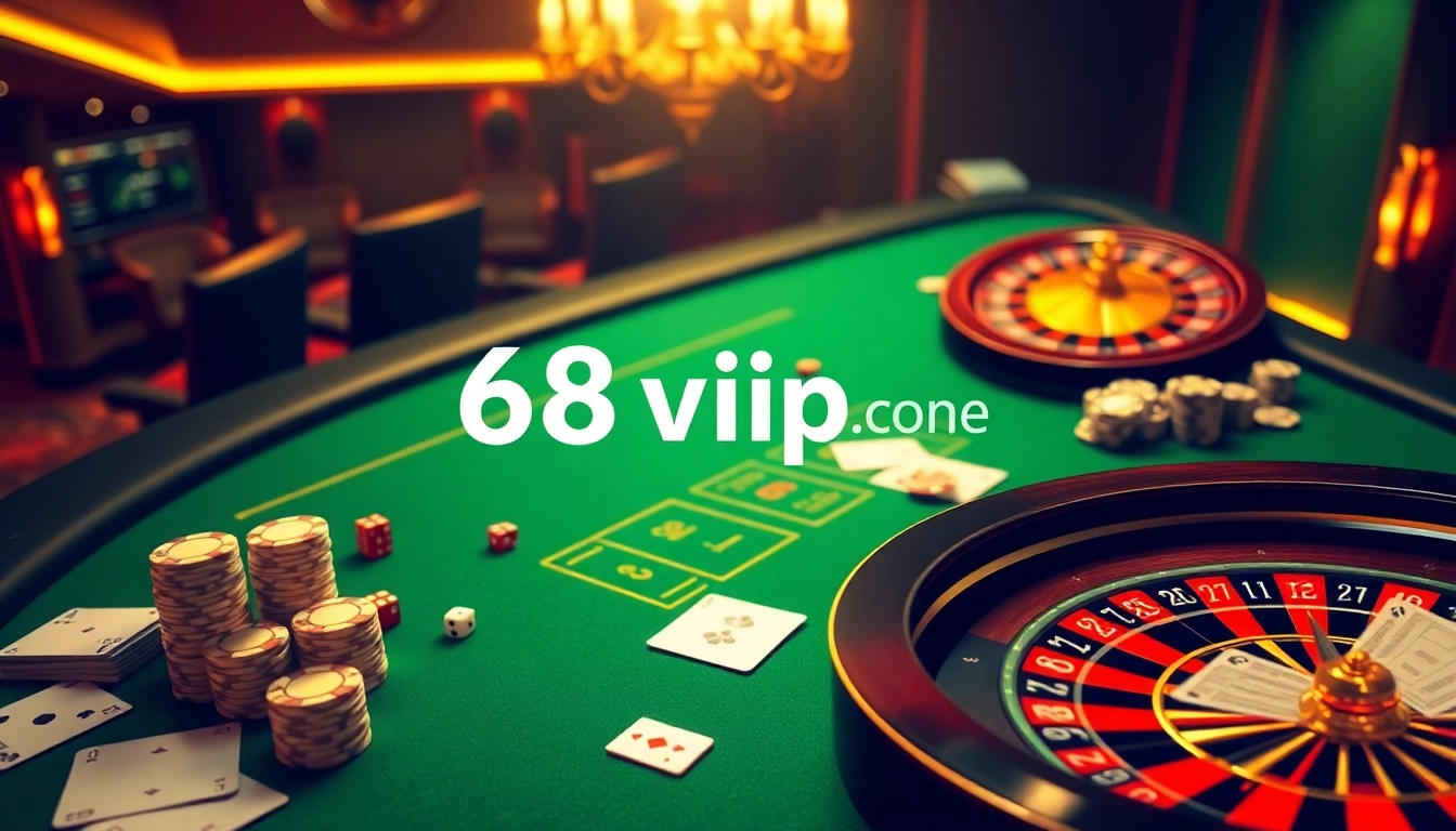An exciting online casino scene at https://68vip.one/ displaying a poker table filled with chips and cards.