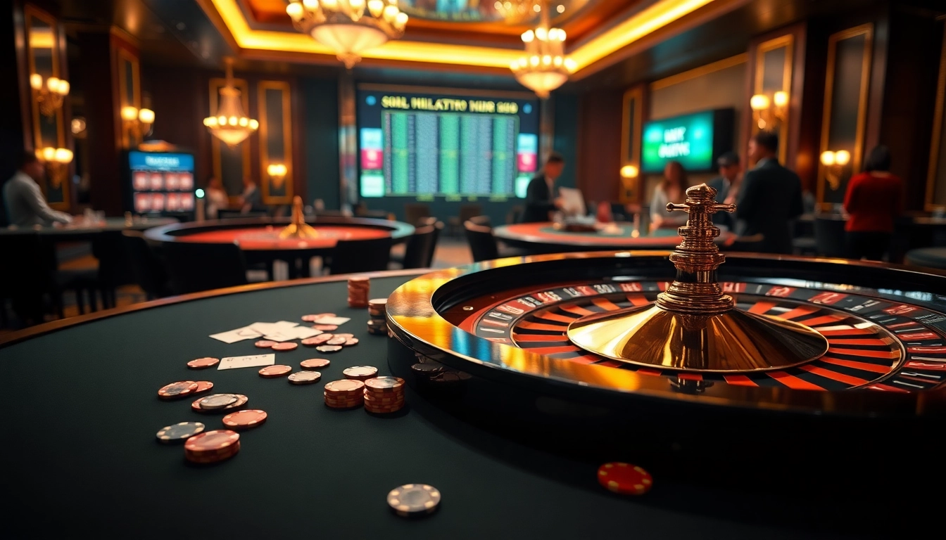 Engaging casino scene with bạch thủ lô kép elements, poker tables, and roulette for gamblers.