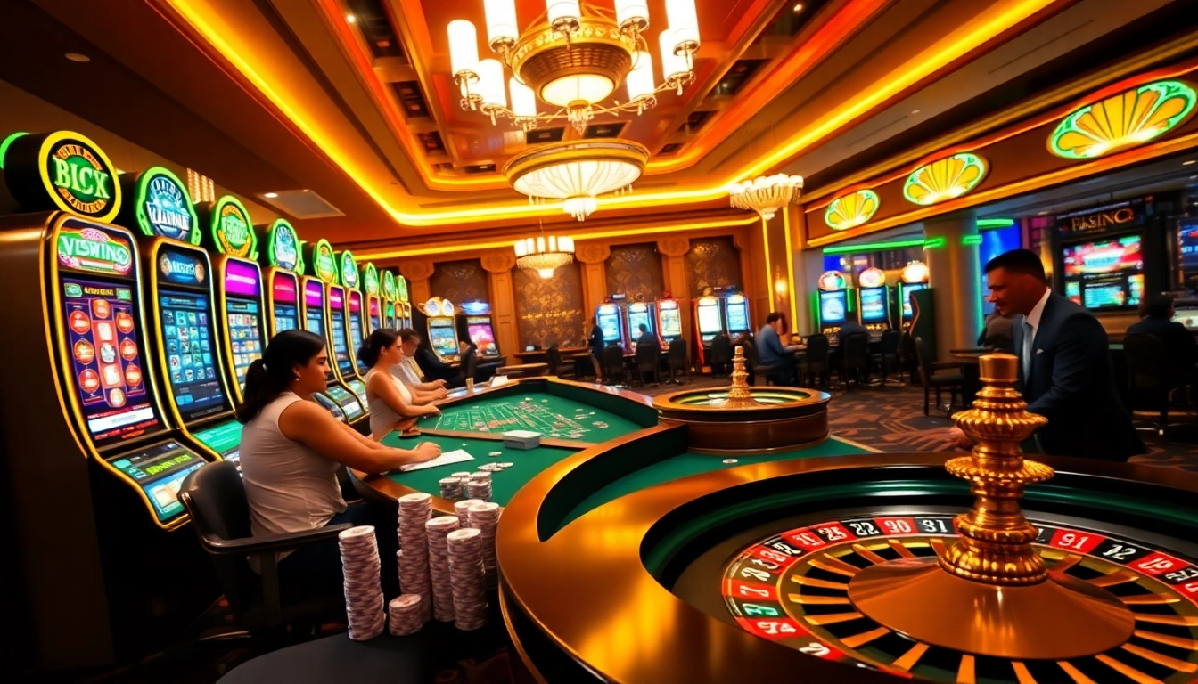 Experience thrilling gameplay at VSWIN's casino, featuring vibrant slot machines and dedicated players.