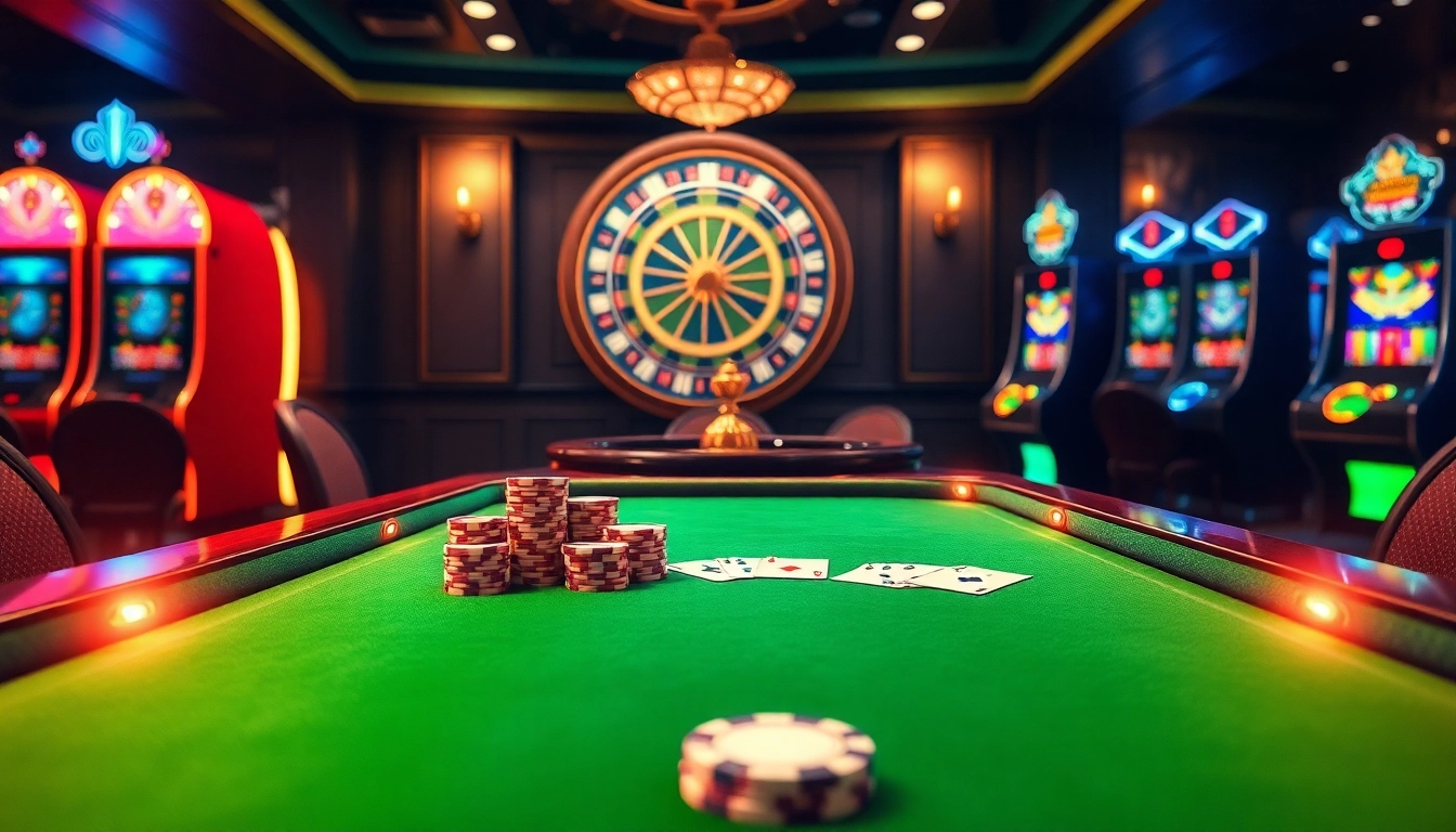 Engage with the thrill of link ev88 at a vibrant poker table surrounded by exciting casino elements.