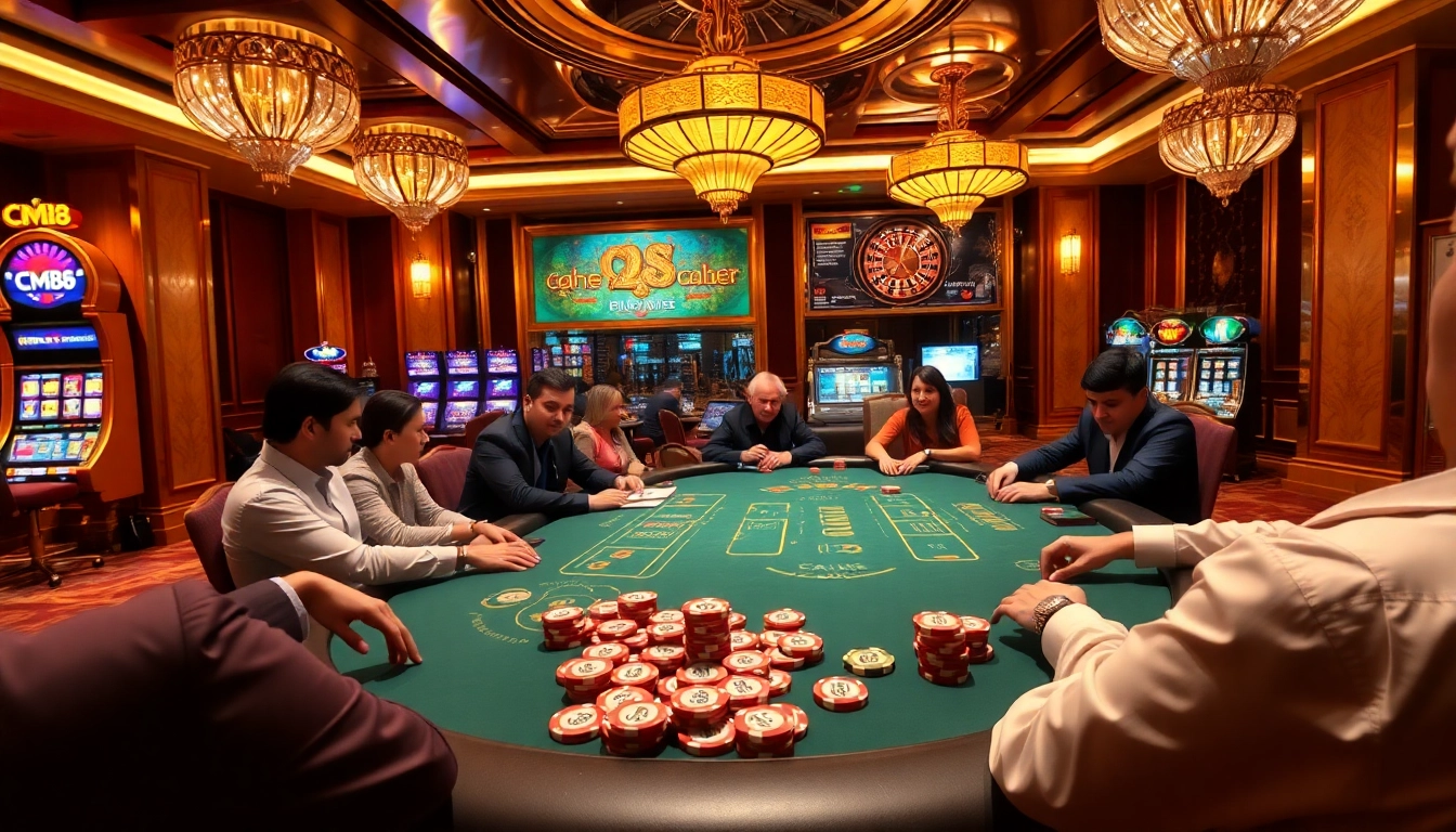 CM88 poker table scene with players enjoying an exciting game in a luxurious casino.