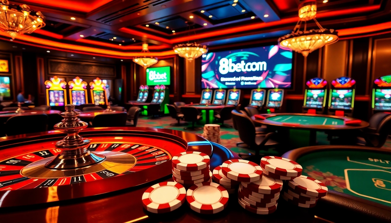 Experience thrilling gameplay at 8kbet.com with luxurious casino tables and vibrant gambling visuals.