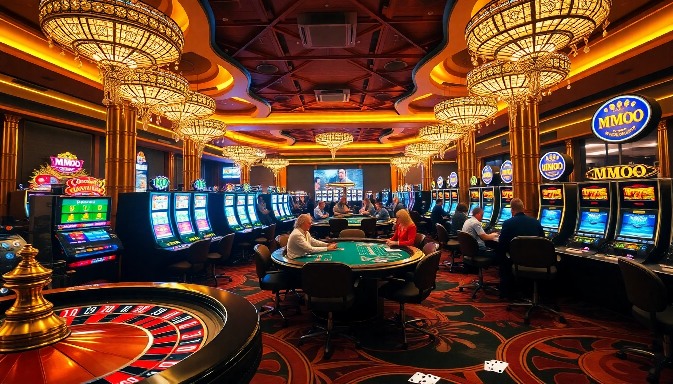 Exciting casino scene with MMOO branding showcasing players enjoying roulette and poker games.