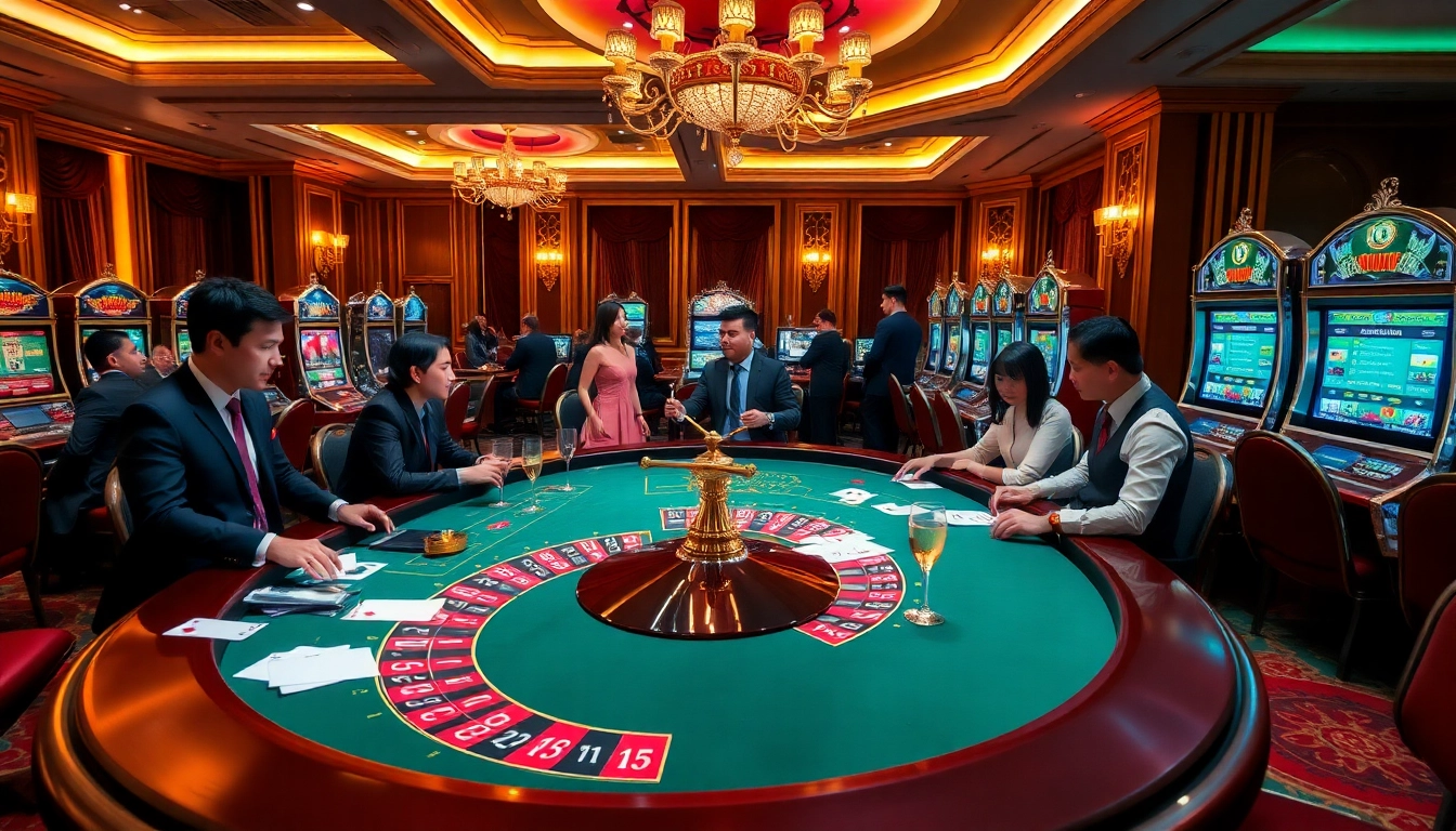 A group of excited gamblers enjoying high-stakes gaming at https://98winmb.com/ casino tables, with vibrant lighting and luxurious decor.
