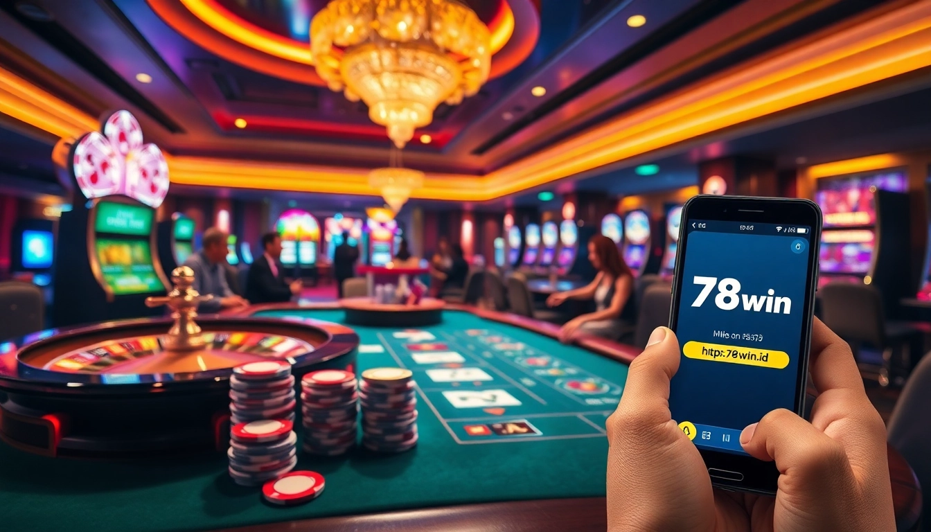 Players engaging at a casino table with poker chips and cards, featuring https://78win.id/ for immersive online gambling experience.