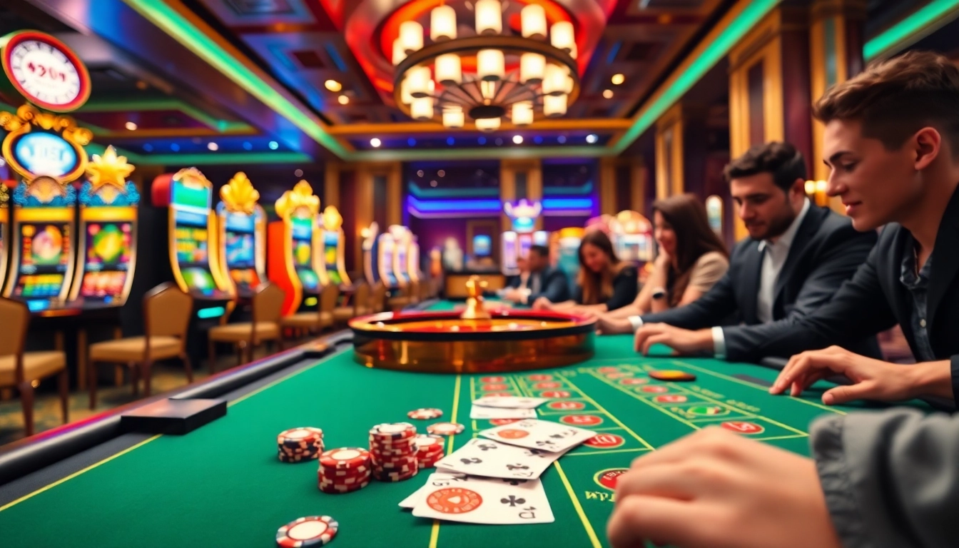 Engage with exciting gambling scenes at https://f8betb1.com/, featuring poker chips and vibrant slot machines.