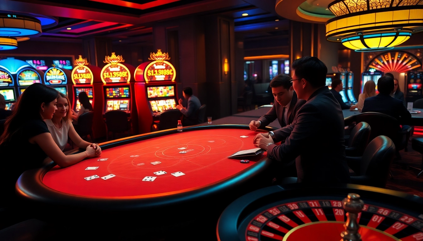 Experience the luxury of SC 88 casino gaming with vibrant slot machines and an elegant poker setup.