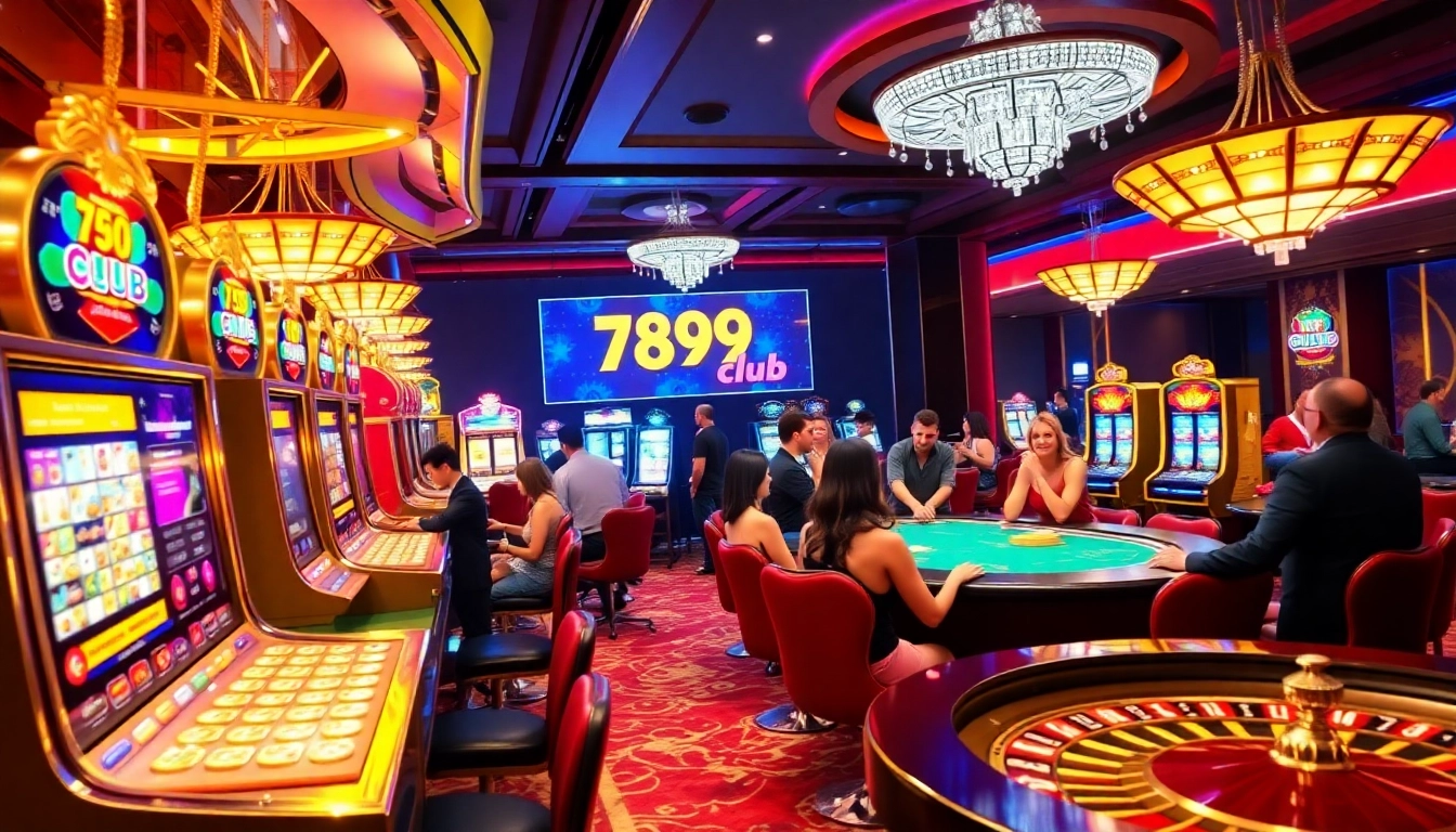 A thrilling gaming scene at 789club featuring luxurious casino tables and vibrant slot machines.