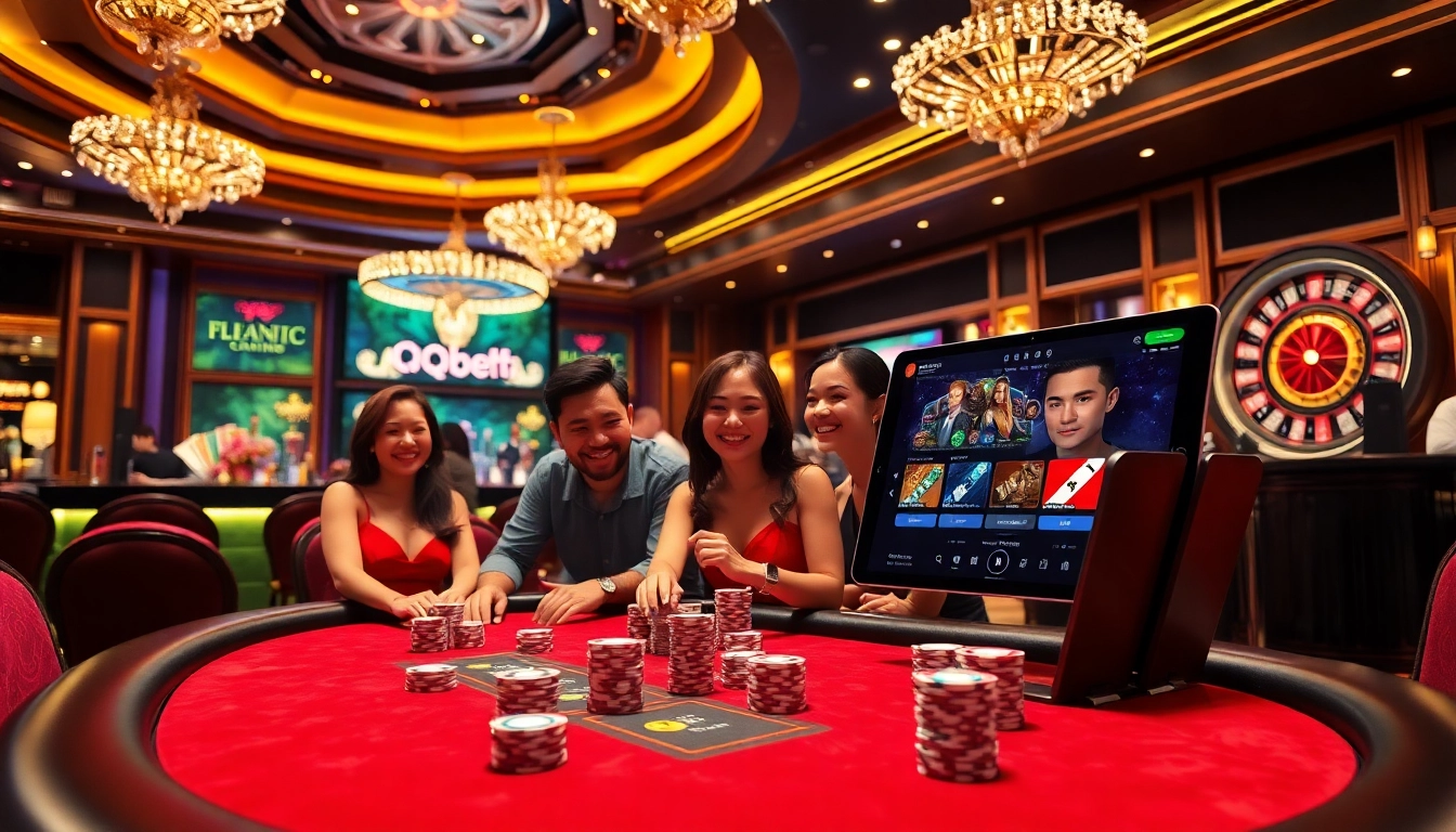 Excited players at a QQ88 casino table enjoying high-stakes poker amidst luxurious décor.