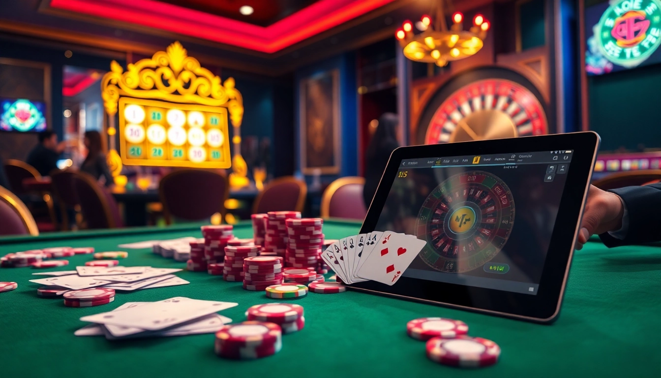 Experience the thrill of winning at Link Vào Nhà Cái 68VIP with vibrant casino visuals featuring poker and slot games.