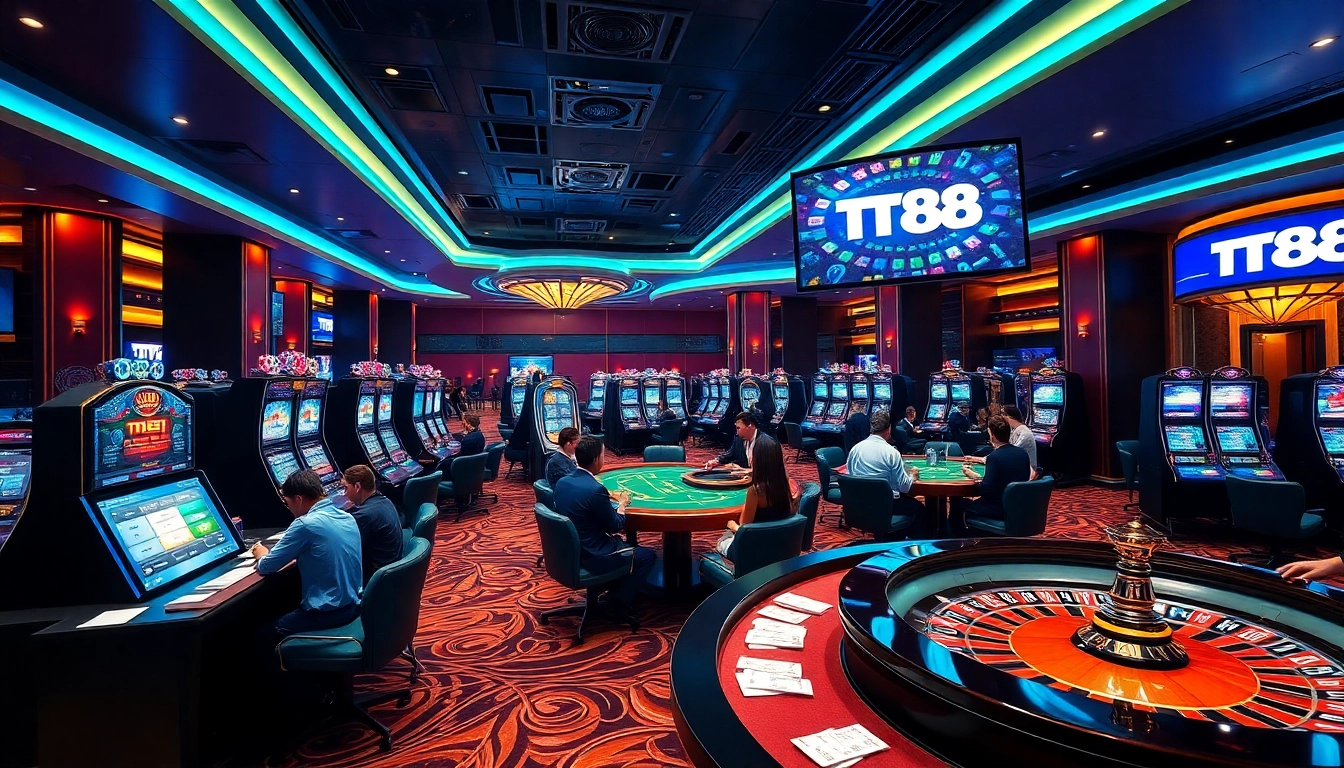 Players enjoying high-stakes action at TT88's vibrant casino tables and slot machines.